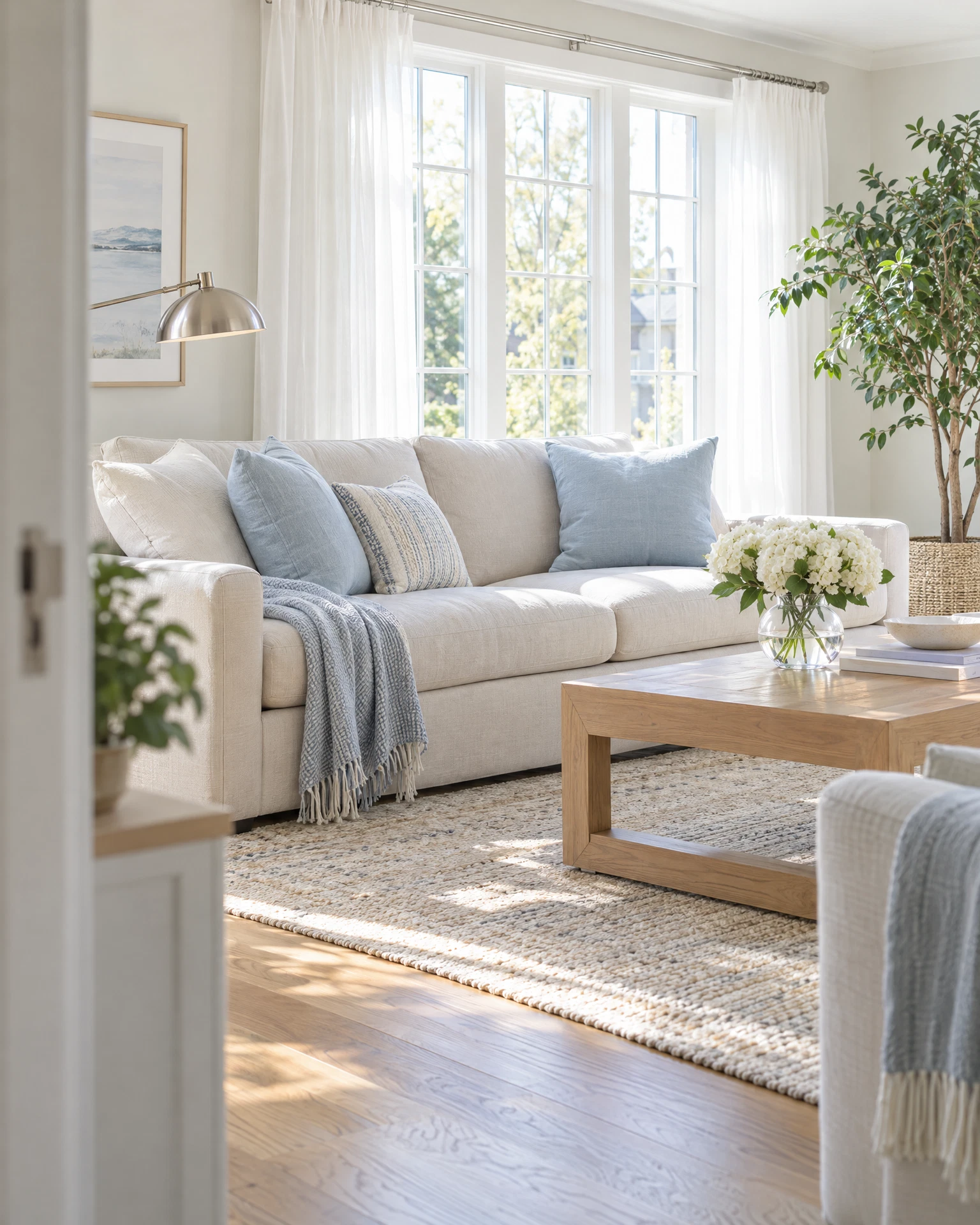 An airy, freshly tidied living room with soft blue cushions